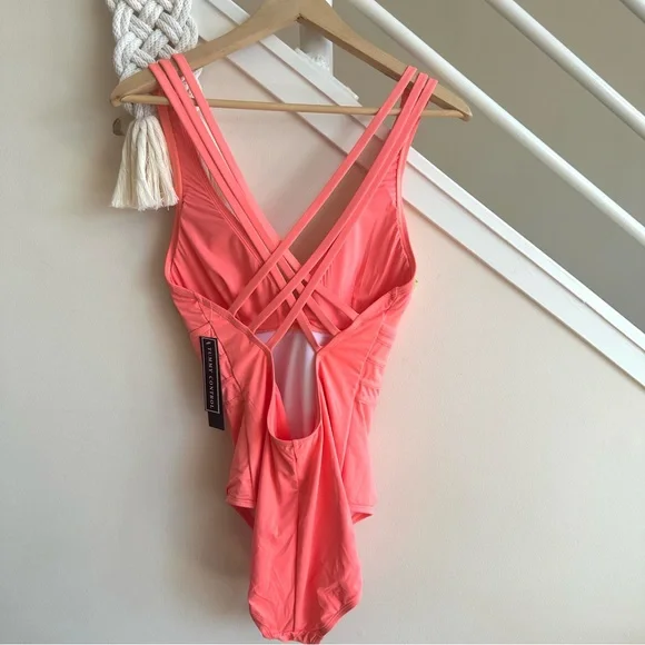 NWT La Blanca Island Goddess Criss Cross Back Strap One Piece Swim Orange Sz 14